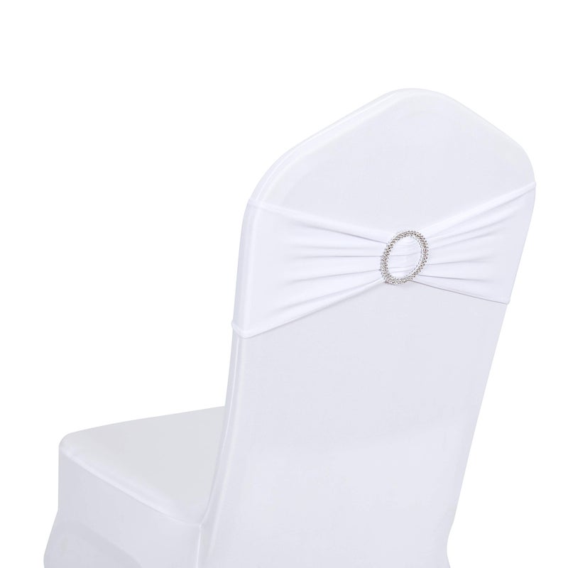 Obstal 50 PCS Spandex Stretch Chair Sashes Bows for Wedding Reception- Universal Elastic Chair Cover Bands with Buckle Slider for Banquet, Party, Hotel Event Decorations White Sashes - Image 1